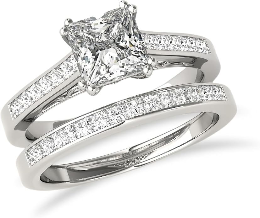 1 to 5 Carat Moissanite Ring Set S925/10K/14K/18K Gold, Princess Cut VVS1 Clarity D Color Moissanite Engagement Rings Set Luxury Bridal Jewelry Wedding Gifts for Women