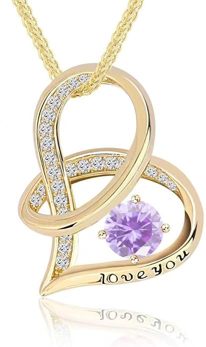 Enduring Hearts Purple Zircon Necklace for Women - 14K Gold Plated Copper Infinity Pendant, Dainty Everyday Jewelry