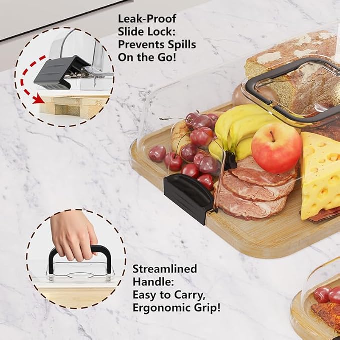 13.4"x9.5" Portable Cheese Board with Standard Clear Lid - Bamboo Charcuterie Container for Office, School, Travel - Carrying Handle & Locking Clasps