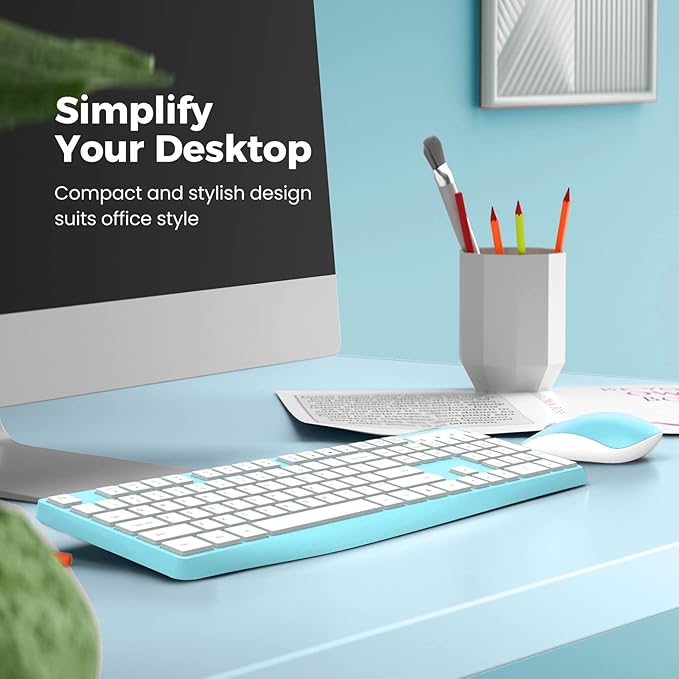 Wireless Keyboard and Mouse Combo, Lovaky 2.4G Full-Sized Ergonomic Keyboard Mouse, 3 DPI Adjustable Cordless USB Keyboard and Mouse, Quiet Click for Computer/Laptop/Windows/Mac (1 Pack, Blue)