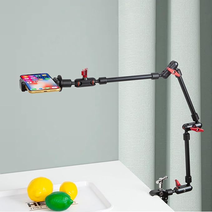 Adjustable Articulating Magic Arm with Clamp and Phone Holder Clip for Desk Mount, Desk Stand, Cell Phone Tripod