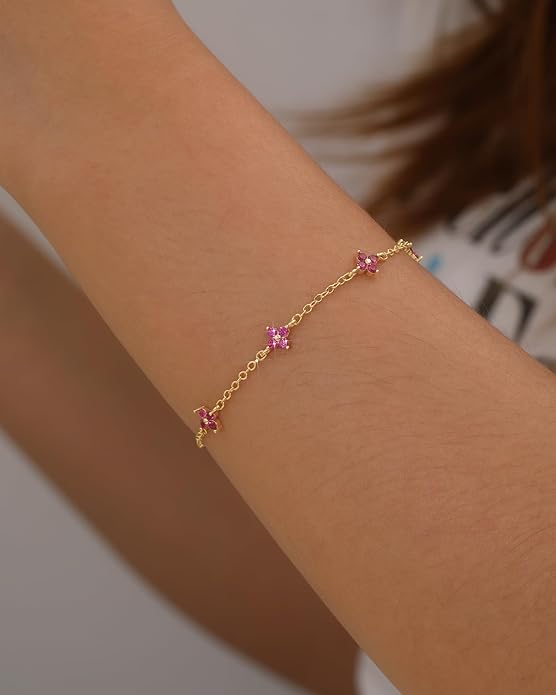 JSJOY Birthstone Bracelets for Women, 14K Gold Bracelets for Women Mom Gifts Birthday Valentines Day Gifts for Gf Dainty Flower Gift for Her Birthstone Bracelet Mothers Day Gift