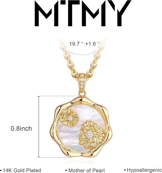 MTMY Birth Flower Necklace 14K Gold Plated Mother of Pearl Disc Birth Month Flower Pendant Necklaces for Women Personalized Custom Floral Jewelry Birthday Gift