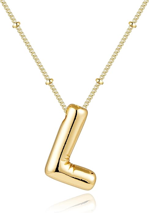 Inerney Valentines Day Gifts Gold Bubble Letter Necklace Initial Necklaces for Women, Chunky 14K Plated Balloon Initials, Trendy Charm Non Tarnish Custom Name Pendant Jewelry Gifts for Mom