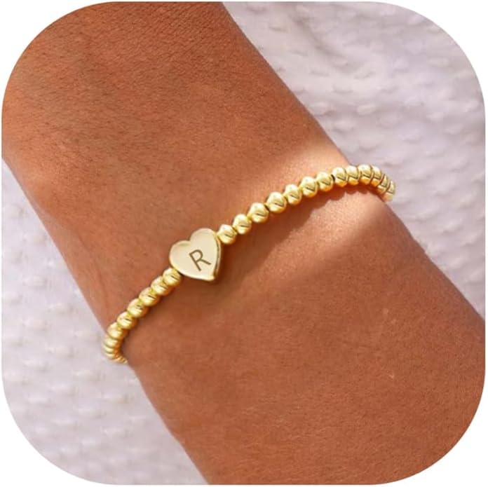 Valentines Day Gifts for Women Her - Dainty Beaded Heart Initial Bracelets Letter A-Z Charm Stretch Bead Ball Bracelet Trendy Jewelry Gifts
