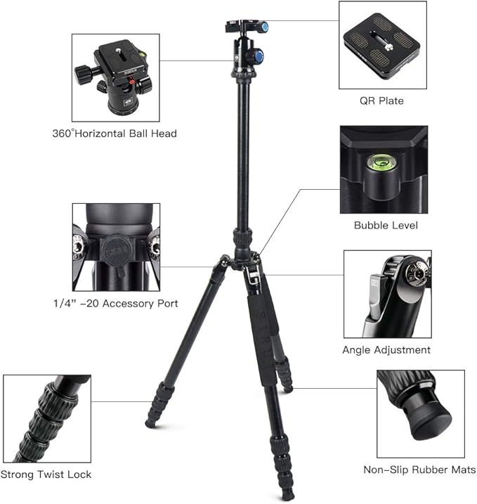 SIRUI Traveler 7A 65.55'' Aluminum Camera Tripod, E-10 Panorama Ball Head and Arca Swiss Quick Release Plate,Load Up to 17.6 lbs,Convertible to Monopod