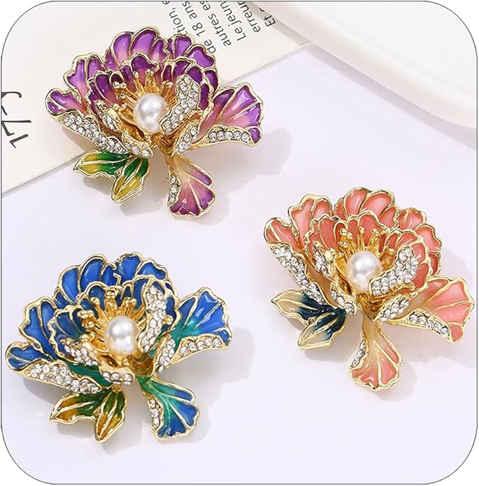 3Pcs Peony Flower Brooch Pin for Women Elegant Enamel Floral Brooch Set Dainty Cubic Zircon Pearl Lapel Pins Flower Pins for Clothes Hat Dress Accessories Prom Jewelry