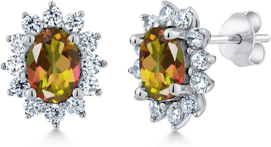 Gem Stone King 7X5MM Oval Gemstone Birthstone Stud Earrings For Women | Princess Diana Royal Halo Style | 925 Sterling Silver | Fine Jewelry Gifts for Anniversary Wedding Her Mom Women Wife