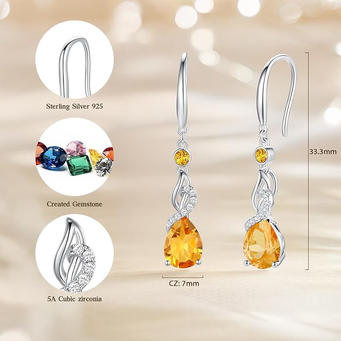 FANCIME Teardrop Dangle Drop Earrings 925 Sterling Silver Pear Gemstone Birthstone Earring Fine Jewelry Birthday Gifts for Women