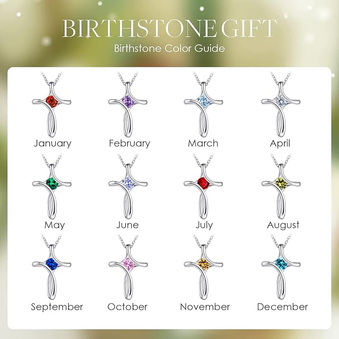 Cross Necklace for Women, 925 Sterling Silver Birthstone Necklace for Women with Diamond Sideways Cross Necklaces Birthstone Jewelry Birthday Gifts for Womens