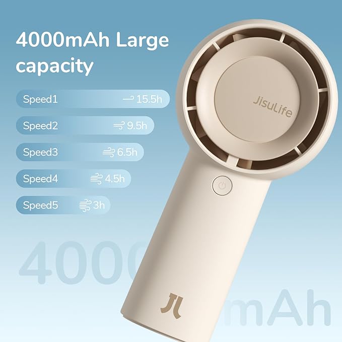 JISULIFE Handheld Portable Turbo Fan [16H Max Cooling Time], 4000mAh USB Rechargeable Personal Battery Operated Mini Small Pocket Fan with 5 Speeds for Travel/Outdoor/Vacation/Concerts - Brown