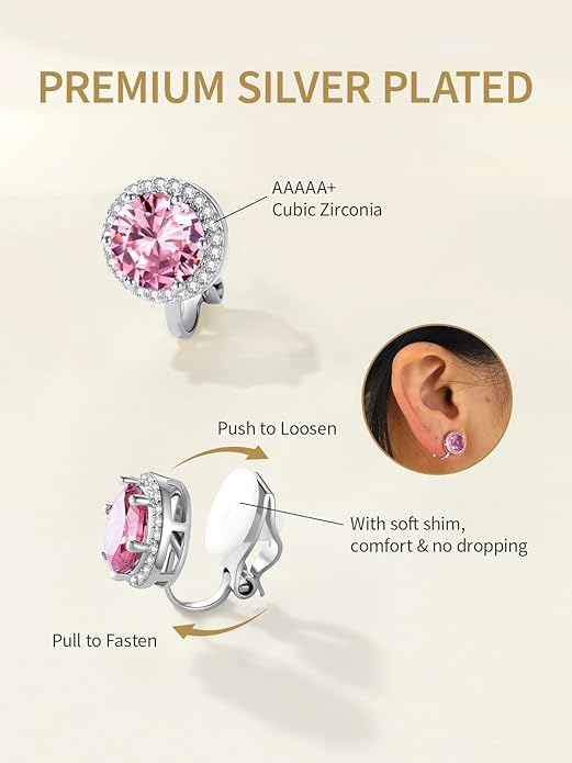 FindChic Sparkling Birthstone Clip On Earrings for Women, Silver Plated Stud Earrings 8MM Cubic Zirconia Non Pierced Studs, 12 Months Birthday Jewelry Gift