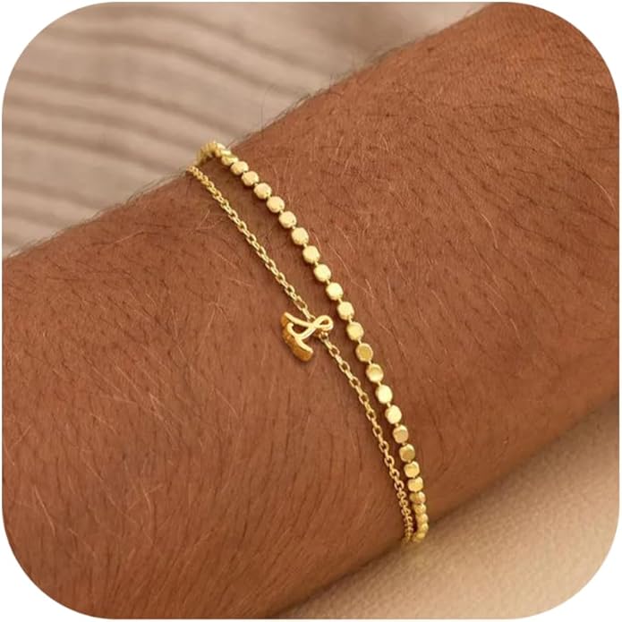 Initial Bracelets for Women, Dainty 14K Gold Plated Layered Letter Bracelet, Trendy Charm Stackable Jewelry Valentines Day Gift for Her