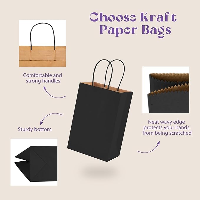 MESHA Gift Paper Bags 400 PACK 5.25x3.75x8 Inch Black Small Shopping Kraft Bags Bulk with Handles Reusable for Business,Grocery,Birthday,Wedding,Kids Party,Favors