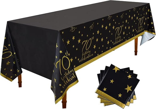 Gatherfun 70th Birthday Disposable Tablecloth 4 Pack Gold and Black Waterproof Plastic Table Cover for Men Woman 70 Birthday Party Decorations