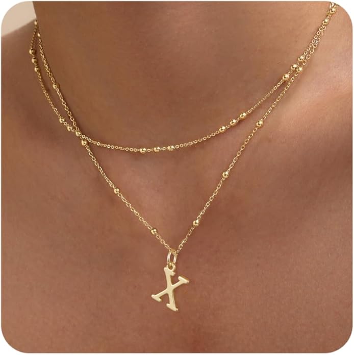 Initial Necklaces for Women, Dainty 14K Gold Plated Layered A-Z Letter Pendant Necklace Trendy Cute Choker Name Charm Necklace Stack Personalized Jewelry Gift for Her Birthday Christmas Gift