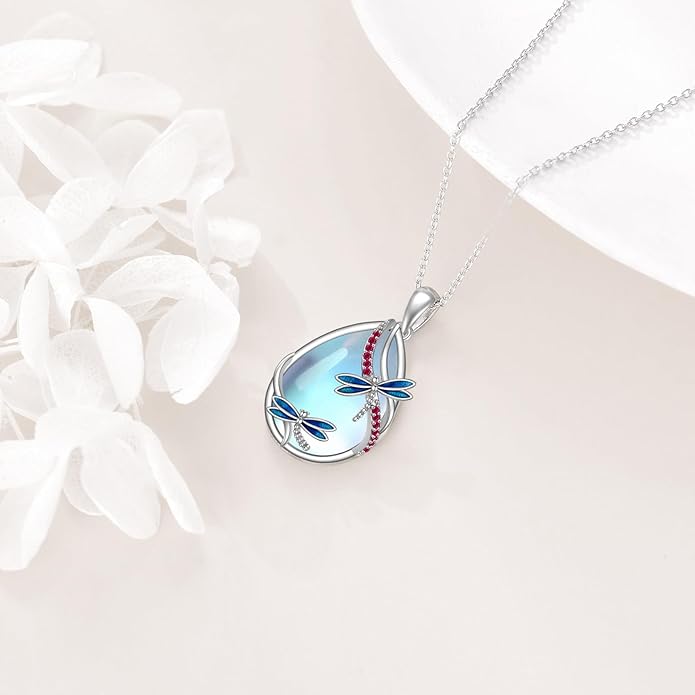 KQF Dragonfly/Butterlfy/Cat/Jellyfish/Bunny/Axolotl/Bee/Mermaid/Hummingbird/Elephant Necklace for Women Sterling Silver Moonstone Pendant Necklace Dragonfly Jewelry Gifts for Women