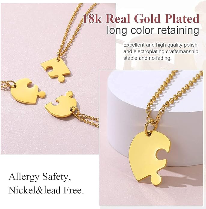 FindChic Personalized Matching BFF Necklace for 2/3/4/5/6 Puzzle Name Heart Pendant Stainless Steel Couple Necklace Set Customized Necklaces for Teen Girls