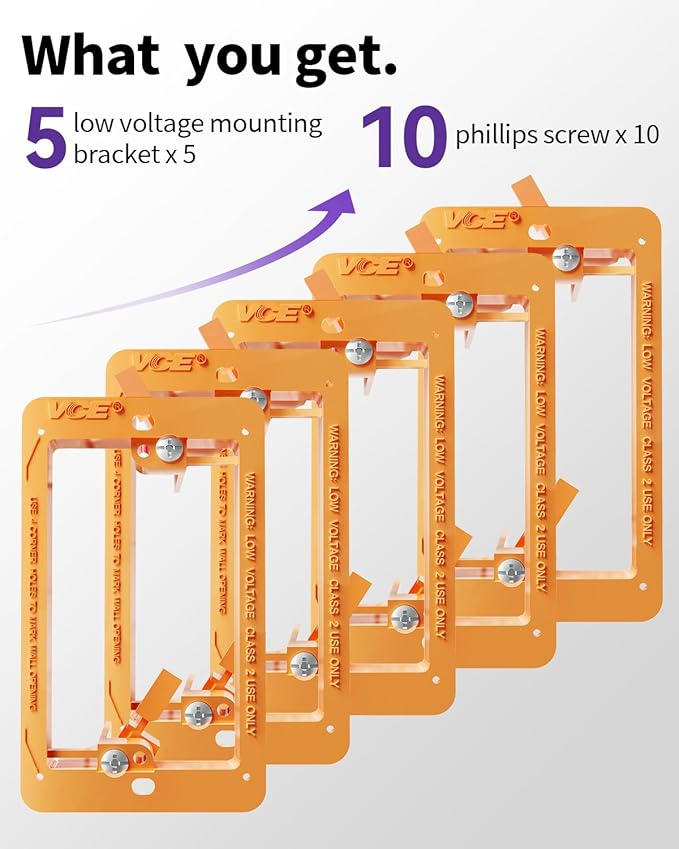 VCE Low Voltage Mounting Bracket Single Gang Wall Plate, Flush Low Voltage Box for Network, HDMI, Coaxial, Speaker, Telephone Cables, Orange, 5 Pack
