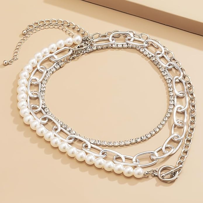 Women Multilayer Silver Gold Dainty Pearls Layered Choker Necklaces Handmade Beads Fashion Chunky Pendant Multilayer Adjustable Layering Chain Gold Plated Necklaces Set for Women