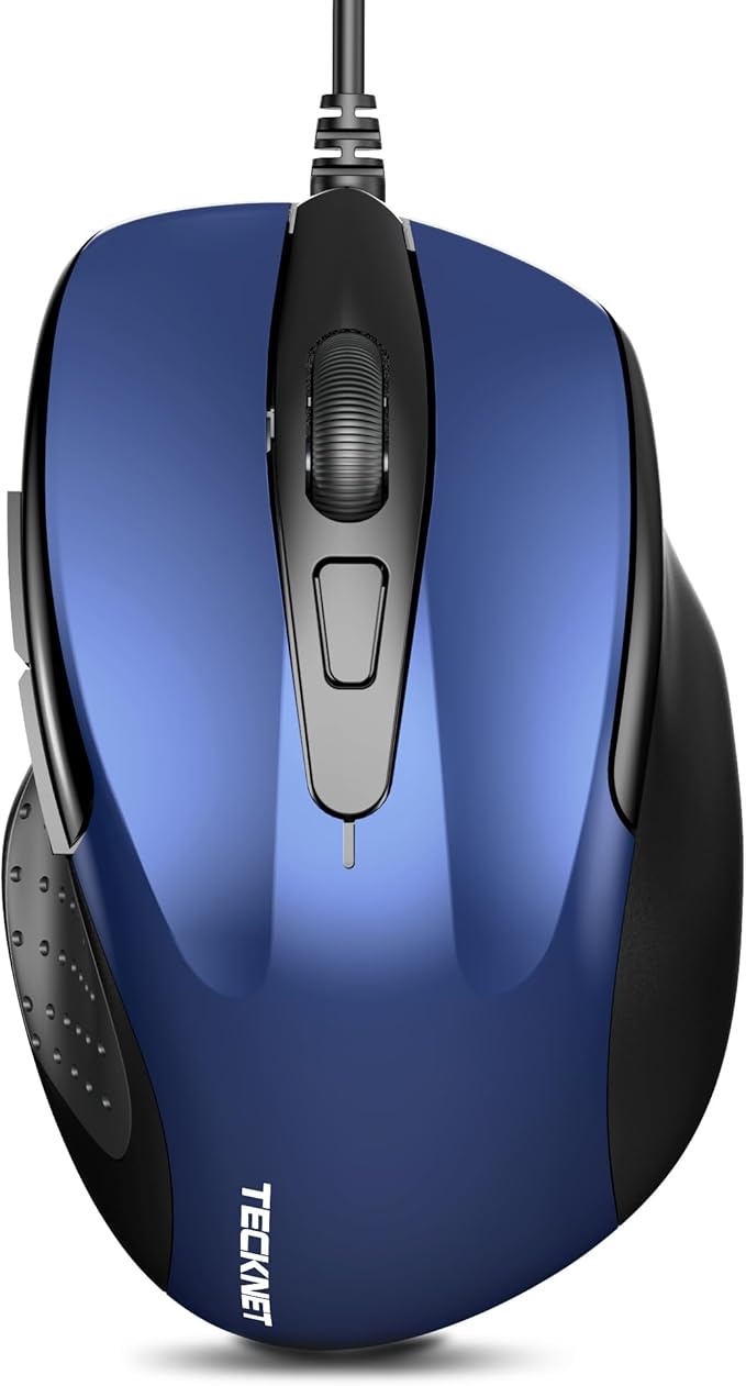 TECKNET USB Wired Mouse, 6-Button Corded Mouse with 4 Adjustable DPI, Optical Computer Mouse with Ergonomic Design and 5FT Cord for Laptop, Chromebook, PC, Desktop, Mac, Notebook-Blue