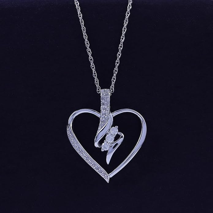 3 Stone Heart Pendant Necklace for Women in 14K Gold Over 925 Sterling Silver, Natural Diamond, Moissanite or Lab-Grown Diamond (0.25 Ct), Dainty Jewelry Gift with 18" Chain for Her Valentine’s Day