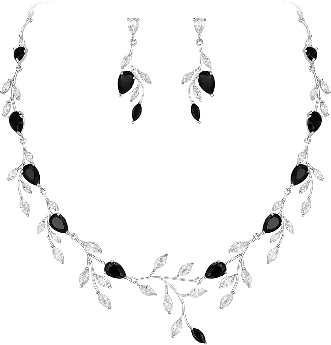 EVER FAITH Wedding Jewelry for Bride Women Bridesmaid, Sparkly Cubic Zirconia Pear-Shaped Birthstone Leaf Necklace Earrings Set for Prom