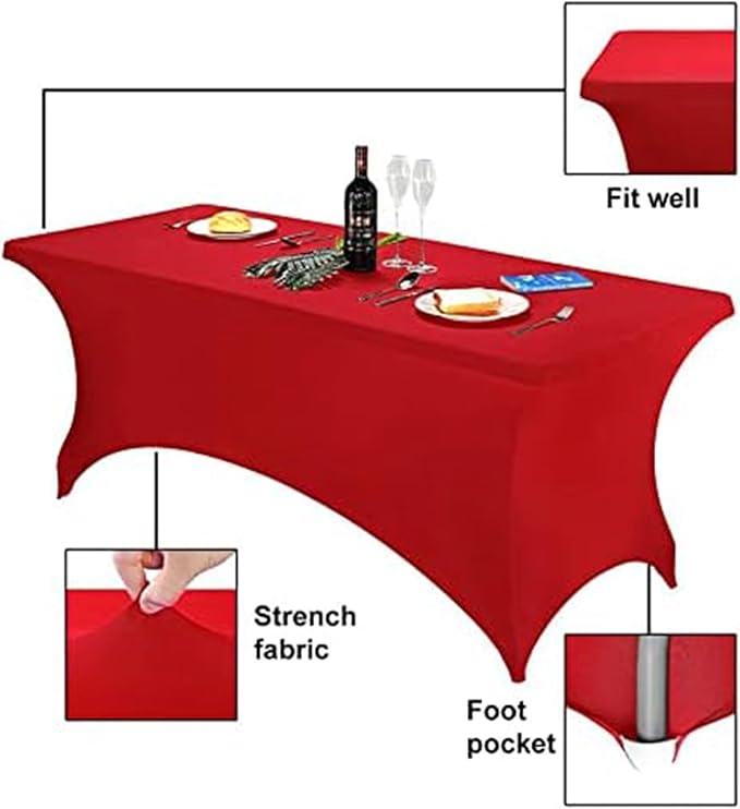 FORLIFE 6Pack Spandex Table Covers 6ft，Fitted Tablecloth for 6ft Rectangular Tables, Stretch Patio Table Covers, Universal Spandex Table Cover for Wedding, Banquet, Party - Red