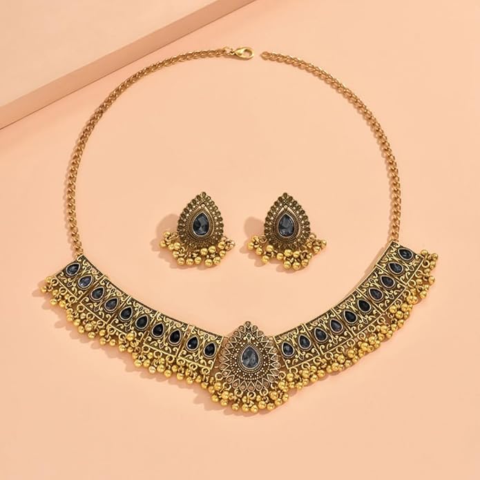 Indian Wedding Bridal Traditional Bohemian Jewellery Set for Women Girls Antique Oxidized Ethnic Party Prom Wear Statement Necklace Earring Tassel Bollywood Choker Punk Crystal Fashion Gift for Bride