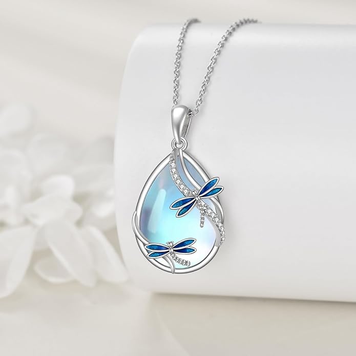 KQF Dragonfly/Butterlfy/Cat/Jellyfish/Bunny/Axolotl/Bee/Mermaid/Hummingbird/Elephant Necklace for Women Sterling Silver Moonstone Pendant Necklace Dragonfly Jewelry Gifts for Women