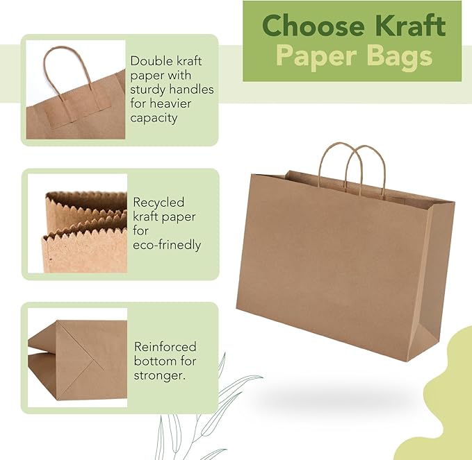 MESHA Large Paper Bags 16x6x12 Inch,Brown Kraft Gift Bags 50 Pack Bulk, Crafts Shopping Bag For Retail Wedding Party Favor Small Business Grocery