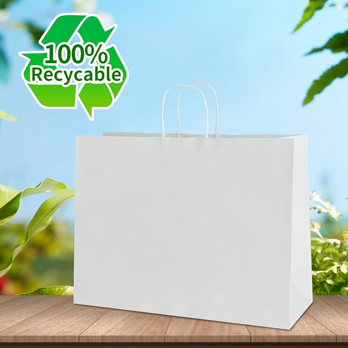 bagmad 50 Pack 16x6x12 Inches Large White Kraft Paper Bags with Handles Bulk for Shopping Wedding Grocery Retail Merchandise Business Craft Gift Bags(50 Count)