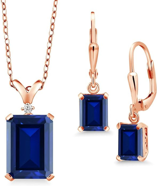 Gem Stone King 9-13 Cttw Pendant and Earrings Jewelry Set For Women | Emerald Cut 14X10MM and 8X6MM | Round 1.5MM | Gemstone Birthstone and Diamond | 925 Sterling Silver | 18 Inch Silver Chain