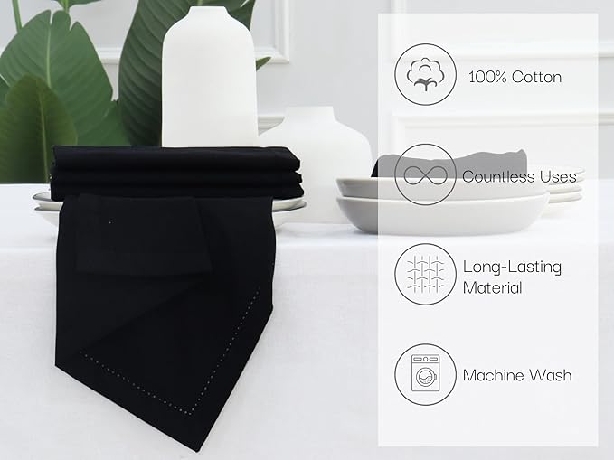 PurpleEssences Set of 12 Hemstitch Cloth Dinner Napkins 100% Cotton - Soft Durable Washable - Ideal for Wedding Christmas Holiday Winter - Perfect Everyday Use Table Linen 18x18 - Black
