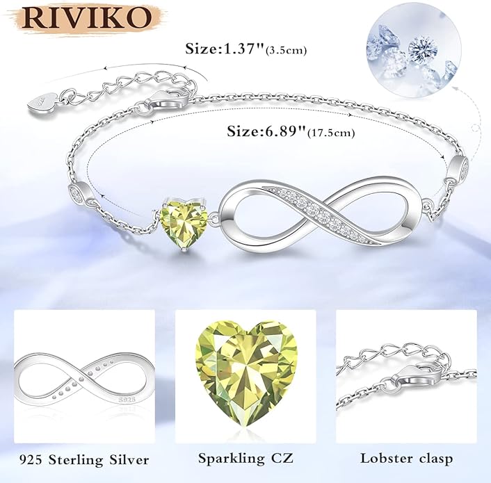 RIVIKO Infinity Love Heart Symbol Charm Bracelet for Women 925 Sterling Silver Adjustable Birthday Valentine’s Day Christmas Mothers Day Jewelry Gift for Mom Women Wife Her Friends