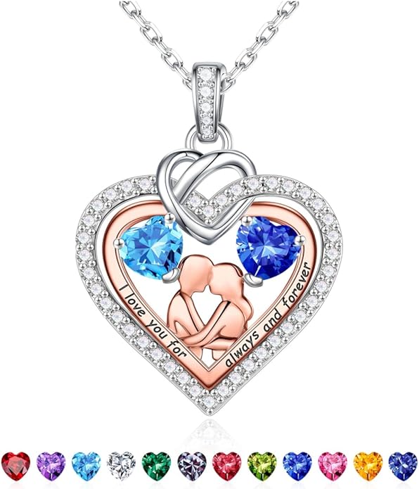 Iefil Valentines Day Gifts for Her - 925 Sterling Silver Double Heart Birthstone Necklace for Women, Anniversary Birthday Gifts for Wife I Love You Gift Couple Sitting Hugging Each Other Jewelry Gift