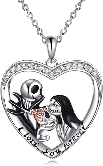 LILALO Nightmare Necklace Sterling Silver Abalone Shell Crystal Jack and Sally Necklace Jack Skellington Skull Jewelry Skull Necklaces for Women