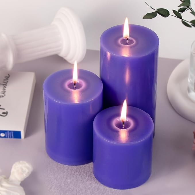 KONNI Violet Pillar Candles Set of 3, 3"x 4" Unscented Pillar Candles Bulk, 39 Hours Long Burning Candles, Smokeless and Dripless Large Round Candle for Wedding, Home Decoration, Parties, Spas, Dinner