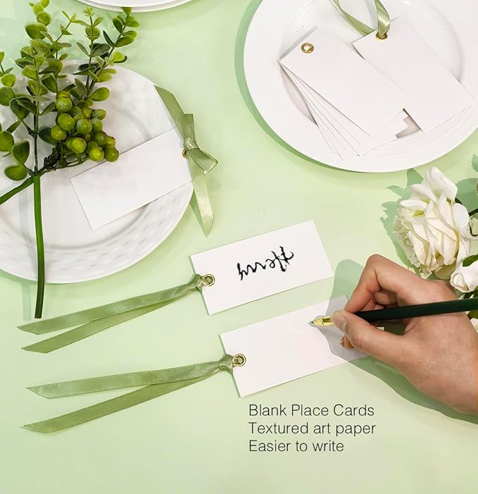25 Pcs Name Place Cards Blank Seat Card, 2 x 4 in Table Cards with Stain Ribbon, Wedding Place Card, Hanging Tags for Wedding table Setting Reserved Chairs Signs Dinner Banquet Parties.(Sage Green)