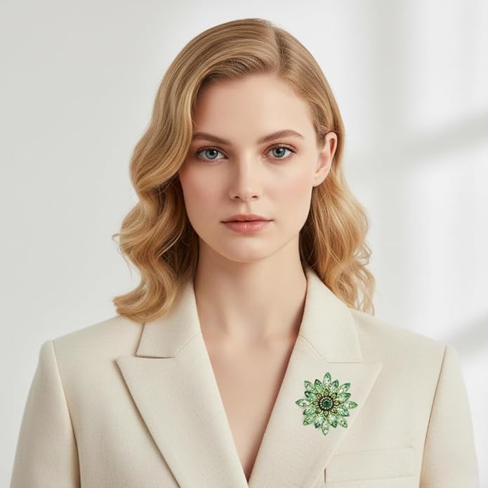 Large Crystal Flower Brooch Pin for Women, Green Rhinestone Floral Lapel Jewelry for Dress Suit Hat Bag, Elegant Dance Party Banquet Accessory, Unique Anniversary Birthday Present