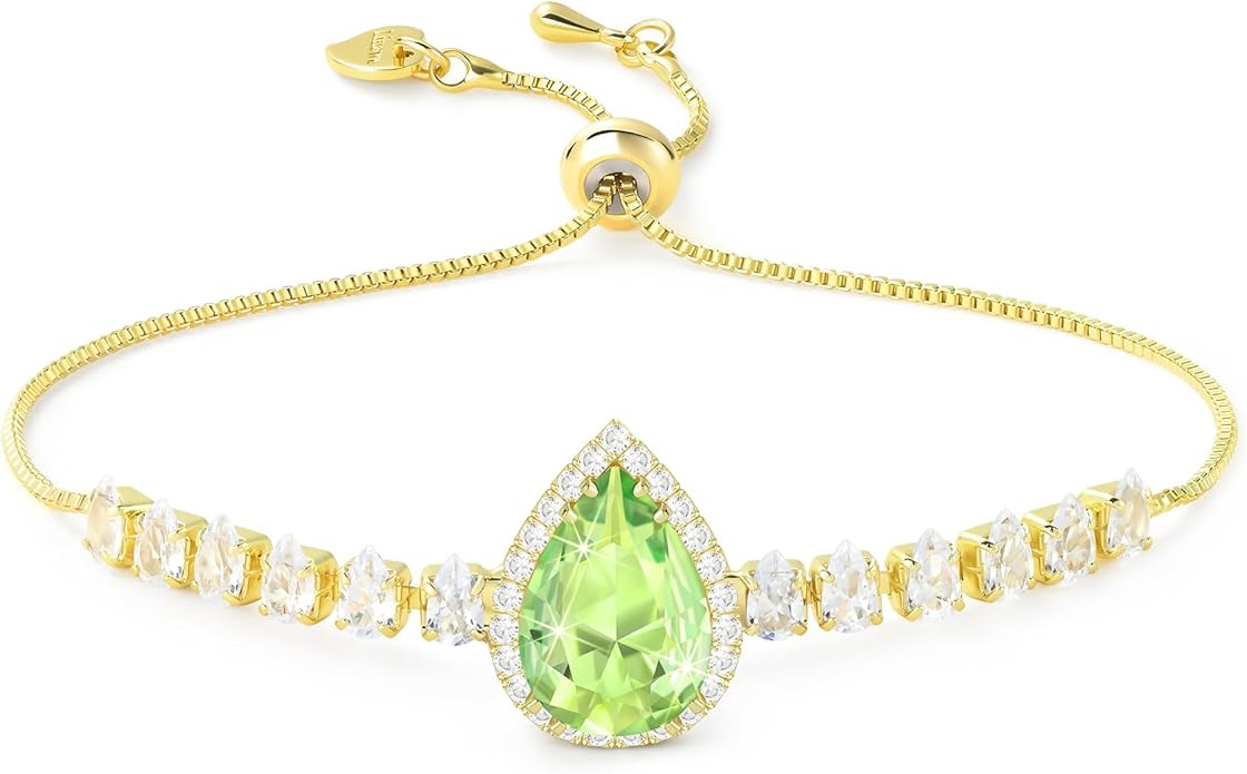 Linawe Crystal Imitation Diamond Rhinestone Charm Bracelets for Women, Gold/Silver/Rose Gold Adjustable Chain Bracelet, Teardrop Birthstone Cubic Zirconia Prom Costume Wedding Jewelry