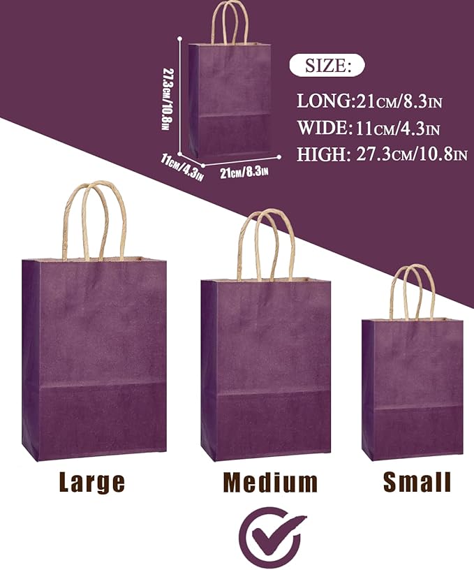 qiqee Aubergine Gift Bag with Handles Bulk 24Pcs Paper Bags -10.6"x8.3"x4.3"Party Favor Bags - Solid Color