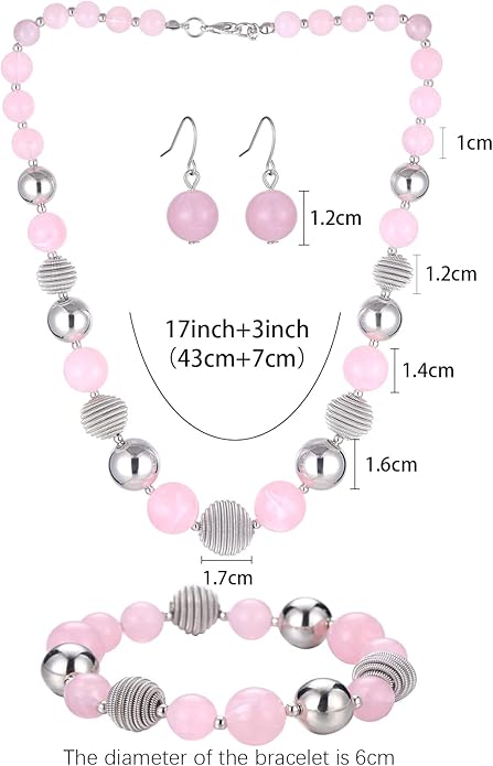 PEARL&CLUB Beaded Chunky Statement Necklace Earring and Bracelet Set Silver Metal Bead Fashion Jewelry Set Mothers’ Day Gifts for Women