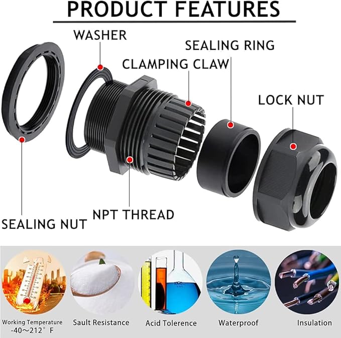 PENGLIN Cable Glands 3/8" NPT Nylon Cable Connector, Strain Relief Cord Connector, IP68 Waterproof Adjustable Locknut(3/8 Inch (20 Pack))