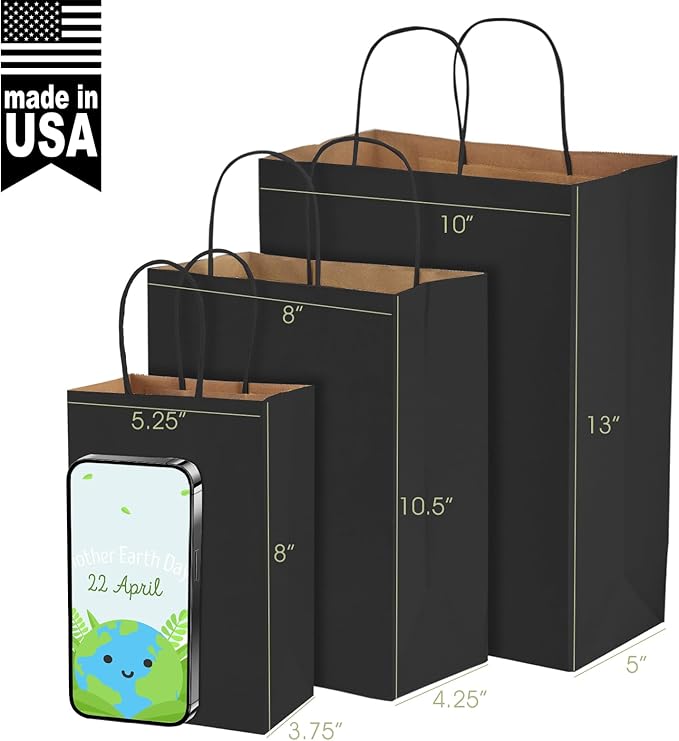 MESHA Black Paper Gift Bags 5.25x3.75x8 Inch 20pcs Small Paper Kraft with Handles Bulk,Grocery Shopping Wedding Party Favor Bag