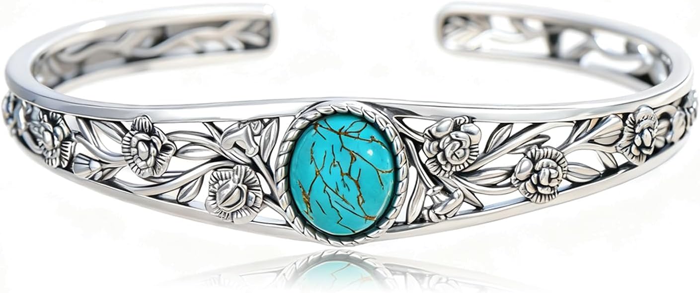 Genuine Turquoise Cuff Bracelet for Women, Sterling Silver Western Vintage Floral Bangle Native American Jewelry, For 6.5-7.5 Inch Wrists