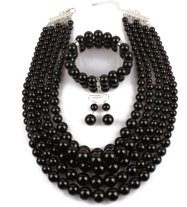 Exaggerated Imitation pearl multi-layer Necklace+bracelet+earring Large pearl necklace Wedding jewelry set for Women's and girls gifts（Multicolor optional）