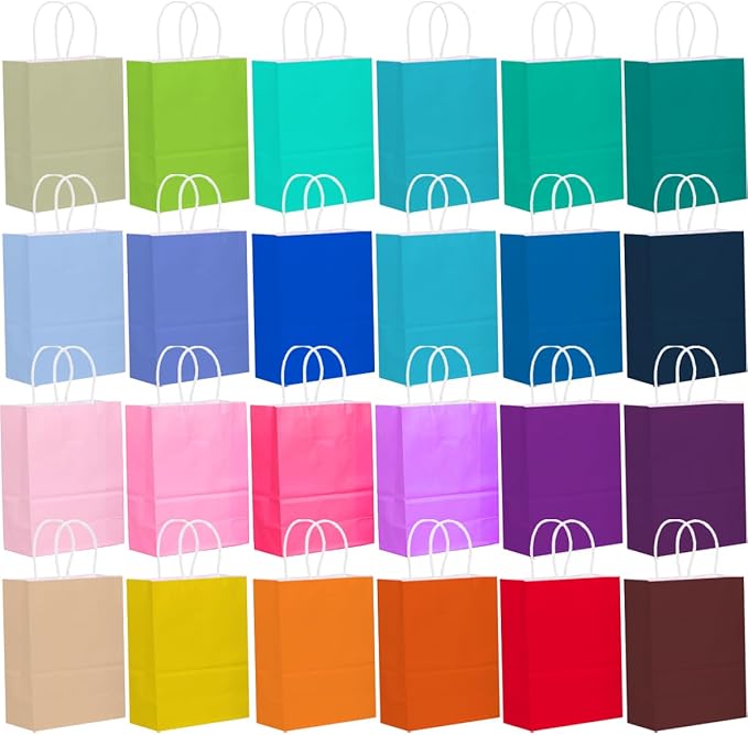qiqee 48PCS Medium Gift Bag with Handles Bulk 11"x5"x8" Gift Bags 24 Different Senior Color Bags Multiple Uses (Medium Size)