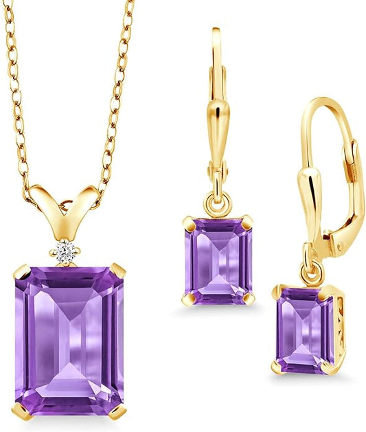 Gem Stone King 9-13 Cttw Pendant and Earrings Jewelry Set For Women | Emerald Cut 14X10MM and 8X6MM | Round 1.5MM | Gemstone Birthstone and Diamond | 925 Sterling Silver | 18 Inch Silver Chain