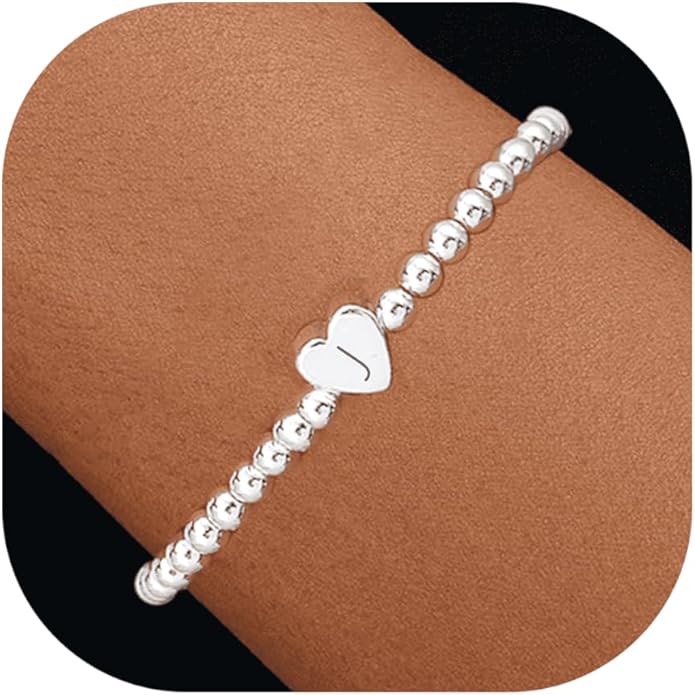 Valentines Day Gifts for Women Her - Dainty Beaded Heart Initial Bracelets Letter A-Z Charm Stretch Bead Ball Bracelet Trendy Jewelry Gifts
